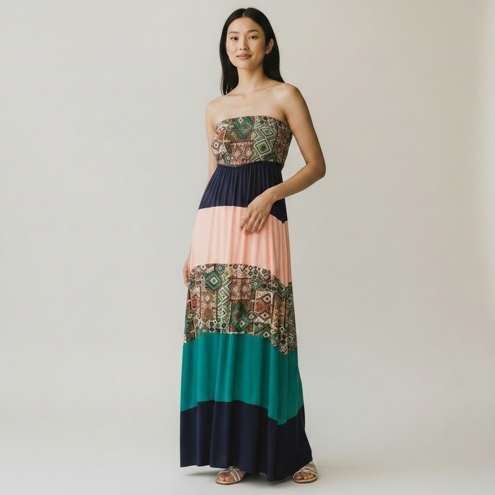 Maude Boho Strapless Colorblock Maxi Dress Geometric Print Navy Teal Green Sz L